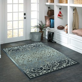 Maples Rugs Pelham Vintage Kitchen Rugs Non Skid Accent Area Carpet [Made in USA], 2'6 x 3'10, Navy/Grey