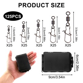 MxyVrix Fishing Swivel Set Including Box, 125 Pieces Swivels for Spin Fishing, Duo-Lock Snap, Load Capacity 8-28 kg, Fishing Swivel with Carabiner for Trout, Bass, Zander and Pike