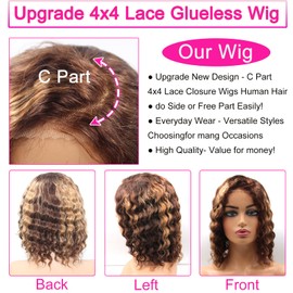 Apeasex Glueless Curly Human Hair Wig 4/27 Highlight Lace Front Wigs Human Hair for Black Women 12 Inch Bob Wig Left Side Part 4X4 Closures