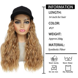 GUOJIAN Hat Wigs for Women Baseball Cap with Curly Hair Extensions Adjustable Hat with Synthetic Curl Hair Attached for Girls (#27, 14inch)