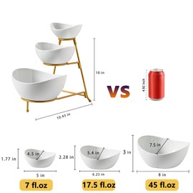Gomakren 3 Tiered Oval Serving Bowl with Collapsible Metal Rack, Chip and Dip Serving Set, Dessert Appetizer Bowl Set (45oz / 17.5oz / 7oz), White Serving Bowls For Entertaining (Gold Stand)