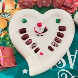 Christmas Red Press on Nails Short Square Fake Nails Winter Xmas Glue on Nails Snowflake Candy Stripes Nails Press ons Glossy Stick on Nails Christmas Acrylic Nails for Women 24 Pcs