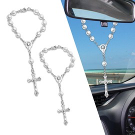 QZTYTY 2PCS Car Rosary for Rearview Mirror, Rear View Mirror Accessories, Car Rear View Mirror Charm Auto Decors, Universal Elegant Cross for Car Mirror Car Accessories for Women (K2-White)