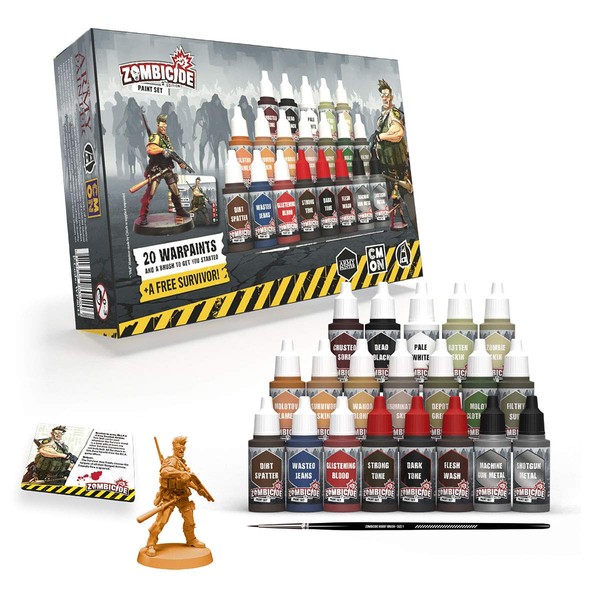 The Army Painter Zombicide: 2nd Edition Paint Set, 20 Dropper Bottles of Non Toxic Acrylic Paints in 18ml, 1 Starter Paint Brush, 1 Miniature Survivor Figure Model, Miniature fantasy tabletop gaming