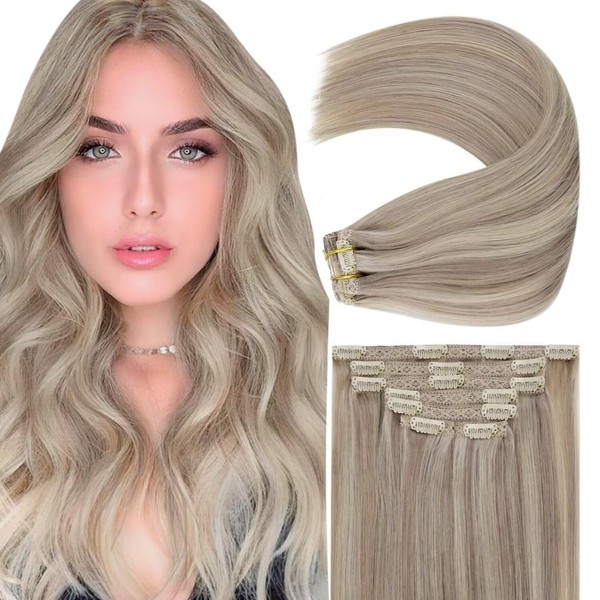 Vivien Clip-In Real Hair Extensions, Blonde, 30 cm, Dirty Blonde with Platinum Blonde Highlight Clip-In Hair Extensions, Blonde, 7 Pieces, 80 g, #19/60