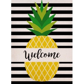 YaoChong Hello Summer Welcome Pineapple Stripes Garden Flag Vertical Outdoor Patio Farmhouse Seasonal Holiday Burlap Double Sided 12.5 X 18 Inch