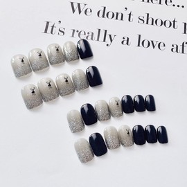 Black Short Press on Nails Cute Square False Nails Gradient Glitter Fake Nails Elk Full Cover Acrylic Nails Tips Deer Artificial Finger Manicure for Women and Girls 24 PCS