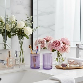 Tonxus Toothbrush Holders for Bathrooms, Purple Glass Toothbrush Holder and Bathroom Tumbler Cup, 12oz Gold Bathroom Storage Cups, Tooth Brush Cup Holder Organizer for Toothpaste, Brushes, Razor