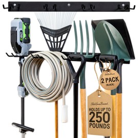 StoreYourBoard Wall-Mounted Rack With 4 Garage Hooks – Heavy-Duty Steel Holder Garage & Garden Storage for Shed, Workshop, or Home Organization – For Rakes, Shovels, Tools & More – 2 Pack, Black