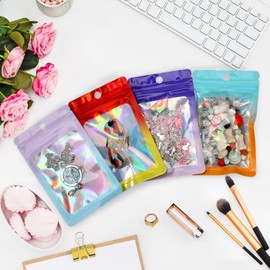 EgticLive 100 Pack Holographic Mylar Bags with Window, Resealable Bags for Small Business Gradient Color ZipLock Packing Bags for Samples, Party Favors