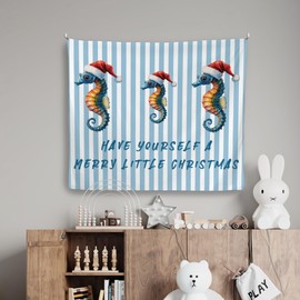 Mcehtle Coastal Christmas Beach Tapestry, Christmas Blue Striped Wall Tapestries, Ocean Beach Marine Life Sea Horse Wall Hanging Decor for Home Living Room Bedroom Office, 50x60 Inch