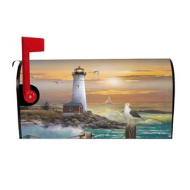 Lighthouse Magnetic Mailbox Cover, Outdoor Mail Cover Letter Post Box, 18x21 in Sea Wave White Cloud Nautical Mailwrap for Garden Yard Outside Decor