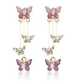 Amethyst Drop Butterfly Earrings, Hypoallergenic Purple Dangle Earrings, Birthstone Earrings for Women, Healing Crystal Threader Earrings for Teen Girls Birthday Party Valentine's Day Gift（1 Pair）