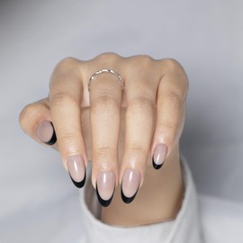 AUBSS Press On Nails Short, Black French Tip with Semi-Transparent Nude Almond Fake Nails, Reusable Stick On Acrylic False Nails, 15 Sizes 30 Nail Kit