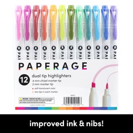 PAPERAGE Dual Tip Pastel Highlighters, Assorted Colors, Broad & Fine Point Tips, 12 Pack Highlighter Set For School or Office Supplies, Journals & Notebooks