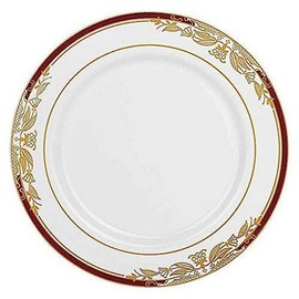Kaya Elegant White with Burgundy & Gold Harmony Rim Disposable Plastic Salad Plates (7.5") - Perfect for Weddings, Upscale Events, Banquets & Special Occasions - Pack of 10