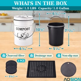 AOSION Kitchen Compost Bin Counter,1.0 Gallon Indoor Compost Bin with Lid,Compost Bucket Countertop Composter Container with 3pcs Charcoal Filters,Non-Slip Mat,Drainage Mat,White