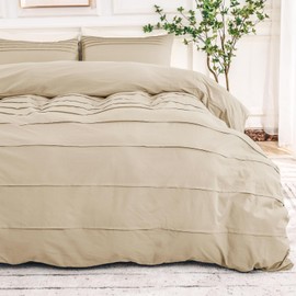 NEXHOME PRO 100% Organic Cotton Duvet Cover Queen Size, Linen Like Pleated Textured Duvet Cover Set Beige, 3pc Bedding Set with Zipper Closure, Soft, Lightweight and Breathable(90"x90", No Comforter)