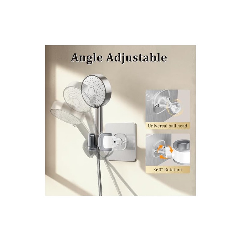 Adjustable Shower Head Holder Adhesive & Drill 2-in-1 with 360°