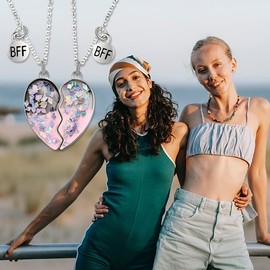 Magnetic Friendship Necklaces for 2 Girls Friends Christmas Birthday Gift for Girls Silver Sequins Matching Heart BFF Necklace for 2 Bestie Gifts for Teen Girls