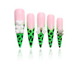 Artiprint Leopard Print Press On Nails with 3D Bear, Bow, and Rhinestone, Long Stiletto Shape, Green & Pink Nail Art for Cute & Trendy Manicure, Set of 10(L061,L)