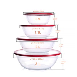 HUSANMP Glass Mixing Bowl with Lids Set, 8 PCS Glass Salad Bowls for oven. Microwave and Dishwasher Safe (0.7L + 1.3L + 2L + 3L)