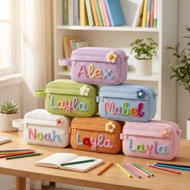 Bolsa de lápiz de pana personalizada, estuche de lápiz con cremallera con nombre personalizado para hombres, mujeres, adolescentes, papelería de gran 