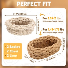 DoubleFill Handmade Cotton Rope Banneton Bread Proofing Basket Set, with Liner & Cloth Cover, 9 Inch Round & 10 Inch Oval Bread Baskets, for Artisan Baking, Sourdough Storage Baking Supplies