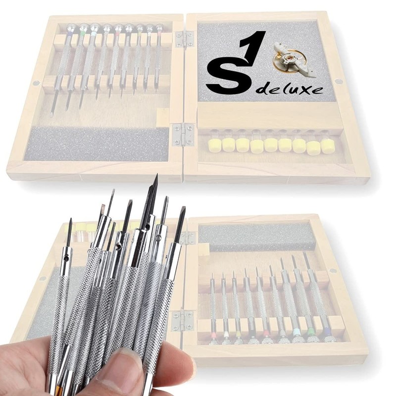 9 Watchmaker's Screwdrivers in Real Wooden Box S1 Deluxe Star