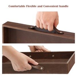 Ranslen Square Leather Serving Tray with Handles, 15"x15" Table Trays for Ottoman Coffee Table, Decorative Tray for Home Organizer Living Room Kitchen Food Tray, Breakfast Tray in Bed, Brown