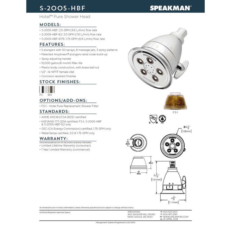 Speakman FS-1 Hotel Replacement Shower Filter for Pure and Clean