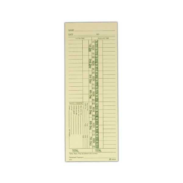Adams Time Cards, Weekly, 1-Sided, Numbered Days, 3-3/8" x 9", Manila, Green Print, 200-Count (9652-200)