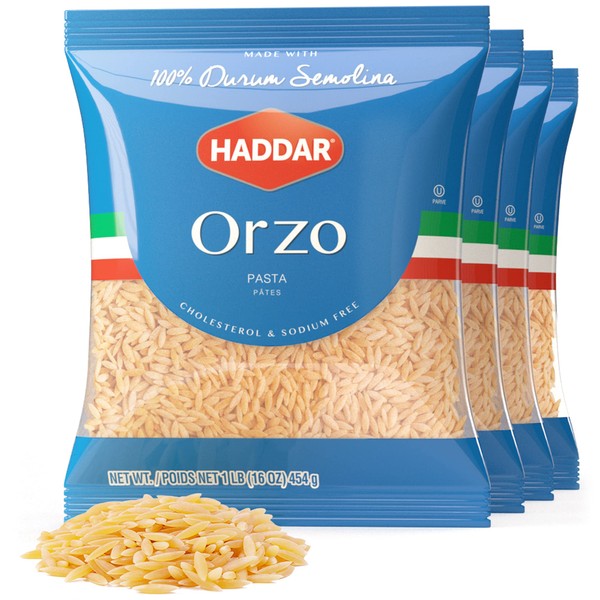 Haddar 100% Durum Semolina Orzo Pasta 16oz (4 Pack) | Great Value! - 4 lbs | Great in Soups Stews & Salads | Risotto Replacement | Certified Kosher