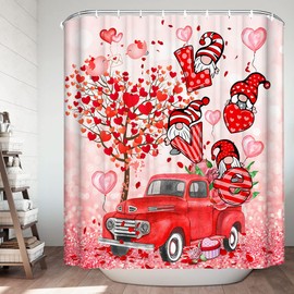 Happy Valentine’s Day Shower Curtain Love Heart Bathroom Curtain Valentines Gnomes Love Tree Romance Vintage Red Truck with Rose Flowers Farmhouse Fabric Shower Curtains for Home Decor 72 x 72 Inches