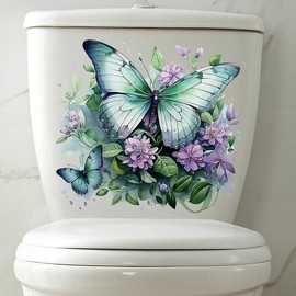Bonfage Colorful Butterfly Flower Toilet Cover Sticker Decals,Fish Bird Flower Leaf Waterproof Toilet Lid Tank Seat Decals Cistern Self-Adhesive Bathroom Wall Sticker, White