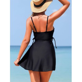 Smismivo Swim Dress Tummy Control One Piece Swimsuit Women Slimming Lace Up Swimwear with Skirt Built in Shorts Full Coverage Swim Suits 2025 Summer (Black)