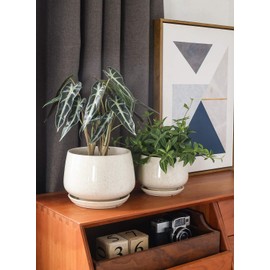 LE TAUCI Plant Pots, 4.1+5.1+6.5 inch, Set of 3, Ceramic Planters with Drainage Hole and Saucer, Indoor Flower Pot with Hole Mesh Pad, Gifts for Mom, Reactive Glaze Beige