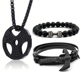 Collar y Pulsera para Hombre, Gym Cadena Acero Inoxidable Hombre, Pulsera de Piedra Volcánica, Cadena con Barra de Mancuernas, Accesorios para hombre, Regalos para Hombres, Papá, Del Día Del Padre