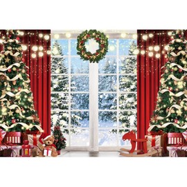 10x8ft Vinyl Winter Christmas Window Backdrop Xmas Tree Wreath Snow Snowflake Photography Background Winter Wonderland Decor Banner Backdrop Christmas Forest Holiday Party Decor