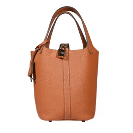 Herfuchsias Small Genuine Leather Bucket Bag with Lock Clasp Stylish Tote, Brown, Medium