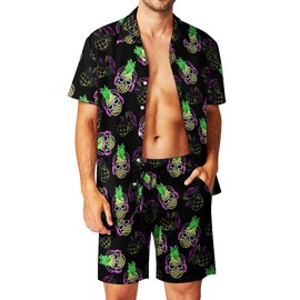 Nosirhoc Men's 2 Piece neon pineapple Tracksuitfunny hawaiian shirts for men Button Down Shirt Shorts rave Outfits With Bucket Hats 12-S