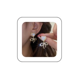 Inilbran Boho Moonstone Heart Stud Earrings Vintage Crystal Bow Dangle Earrings Gold Heart Bowtie Earrings Puffy Heart Bow Drop Earrings Jewellery for Women and Girls, Zinc