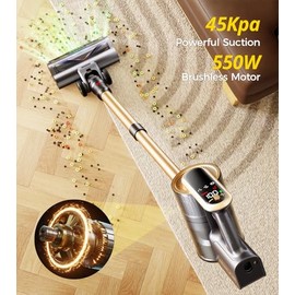 RENDOW Cordless Vacuum Cleaner, 550W 45Kpa 65Mins Vacuum Cleaners for Home, Self-Standing Cordless Stick Vacuum with LED Display,Anti-Tangle Rechargeable Wireless Vacuum for Pet Hair/Carpet/Hard Floor