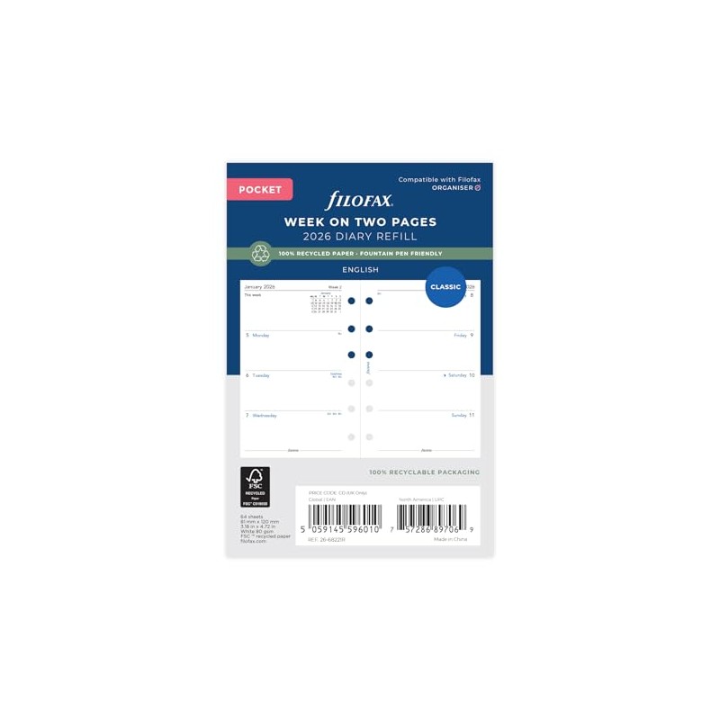 Pocket Week on two pages English recycled paper 2026 diary