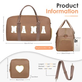 Mama Hospital Bag for Women Labor and Delivery Nylon Chenille Letter Embroidered Duffle Overnight Weekender Bag with Shoes Compartment Mothers Day Gifts (Brown, Mama)