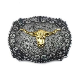 MULBA Vintage Style Alloy Belt Buckle American Cowboy Fashion Western 3D Engraved Cow Bull Head Belt Buckles (gold)