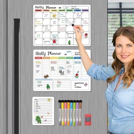 Magnetic Dry Erase Calendar Whiteboard Set (3-Pack) for Fridge, Wall, and Refrigerator Organization – Monthly, Weekly, and Daily Planners with 8 Markers and Eraser