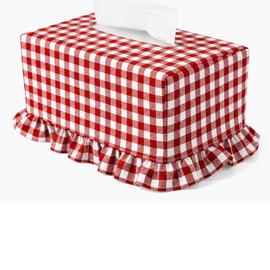 Red Gingham Fabric Tissue Box Cover Soft Ruffled Rectangular