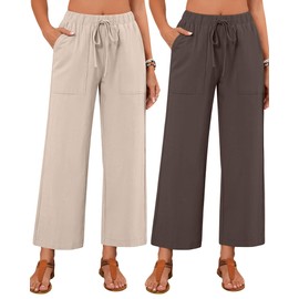 Neer 2 Pack Women’s Linen Pants with Pocket, Casual Summer Drawstring Beach Pants High Waisted Wide Leg Loose Palazzo Trouser(Beige, Brown,Large)