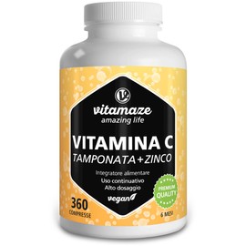 Pure Buffered Vitamin C 1000 mg Daily + High Dose Zinc, 360 tablets, Vegan and Excellently Bioavailable, Natural Vitamin C Supplement without unnecessary additives, German Quality. Vitamaze®